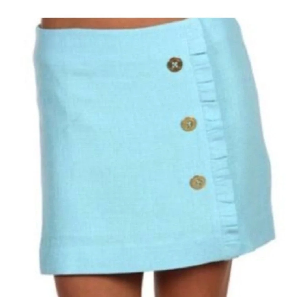Lilly Pulitzer Blue Linen Blend Ruffle Faux Wrap Mini Skirt Gold Buttons Size 2